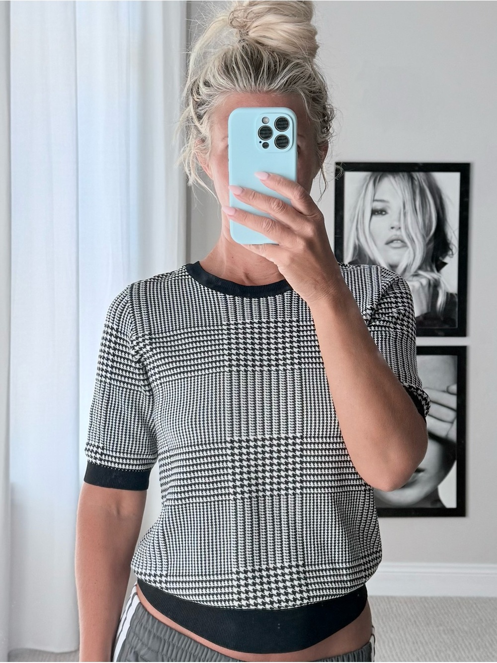 Premise Black & White Glen Plaid Short Sleeve Knit Top viscose